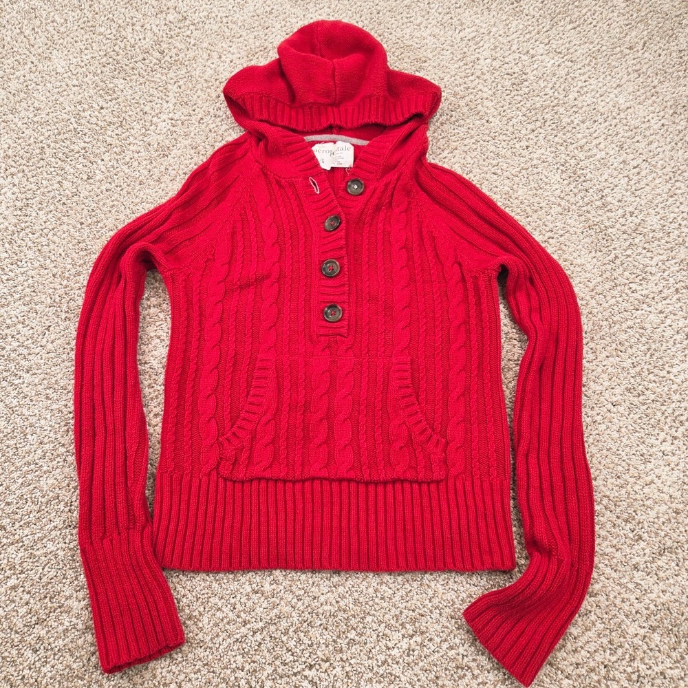 Y2K Aeropostale Red Cable Knit Hooded Button Henley Cardigan Sweater Large